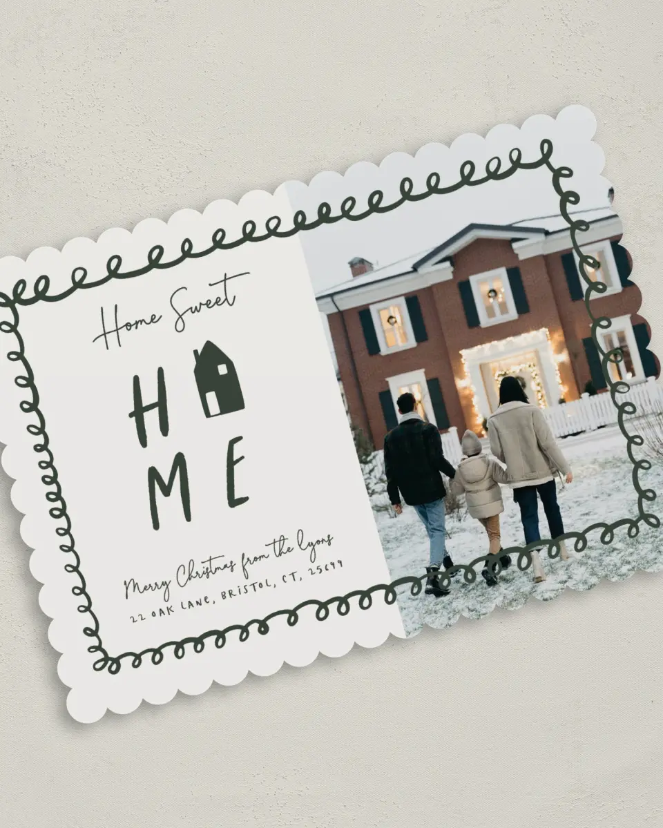 This is a 5" x 7" Christmas Card called Sweet Dwelling printed in full color on Premium Smooth paper on Premium Smooth paper on Premium Smooth paper