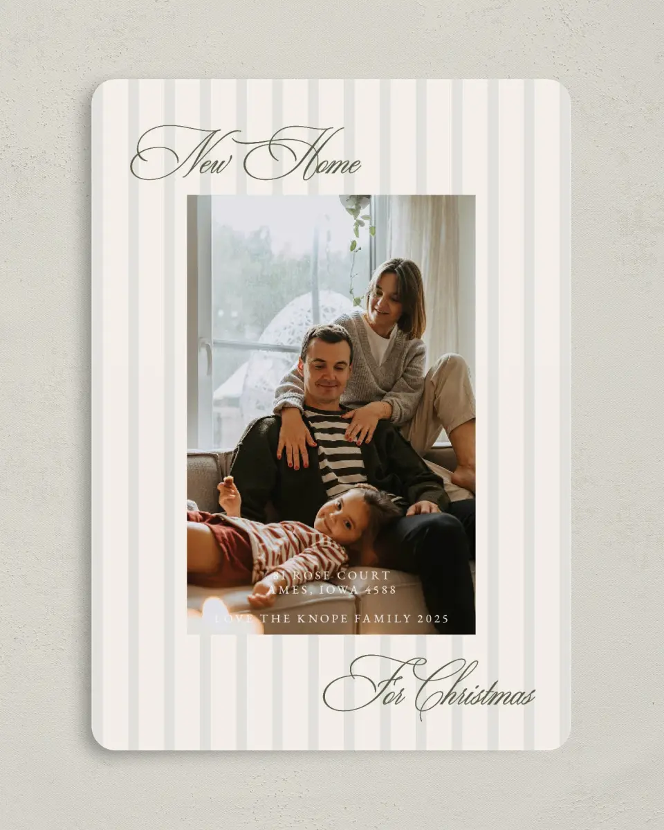 This is a 5" x 7" Christmas Card called New Abode printed in full color on Premium Smooth paper