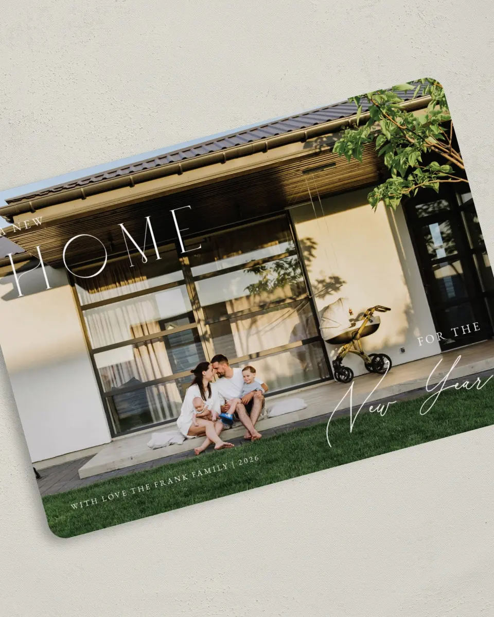 This is a 5" x 7" Christmas Card called New Home New Year printed in full color on Premium Smooth paper