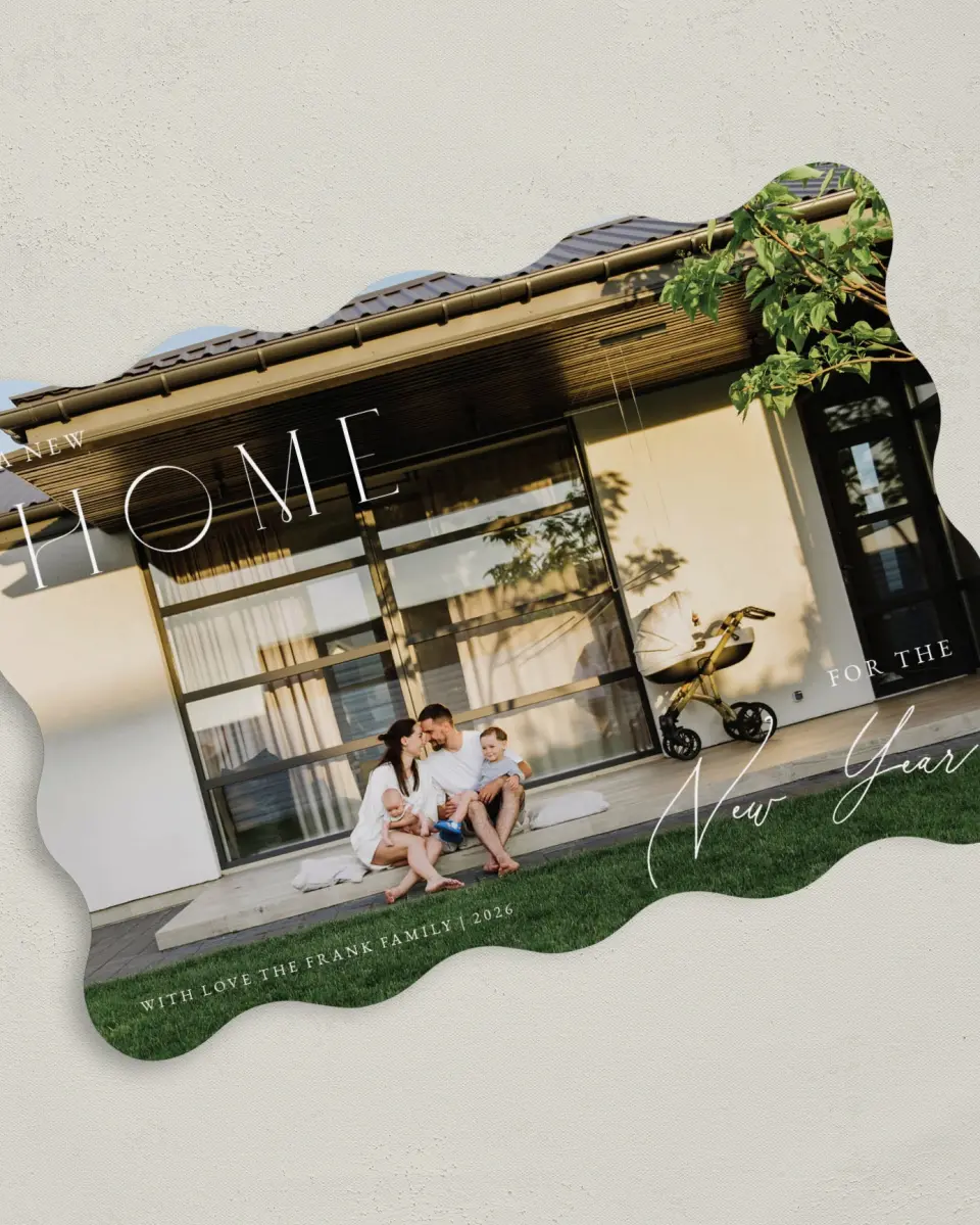This is a 5" x 7" Christmas Card called New Home New Year printed in full color on Premium Smooth paper