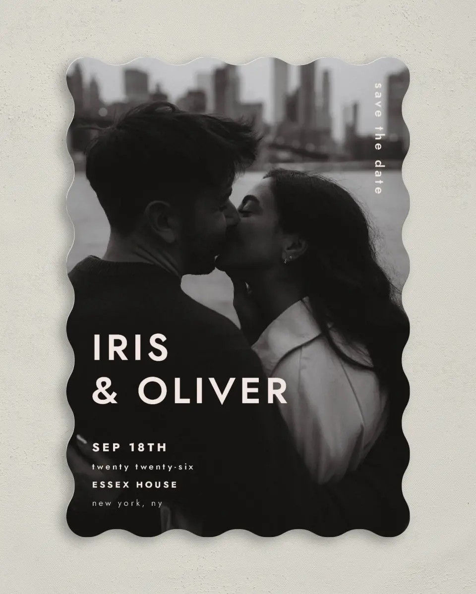 This is a 5" x 7" Save the Date Card called Serendipity & Stripes printed in full color on Premium Smooth paper