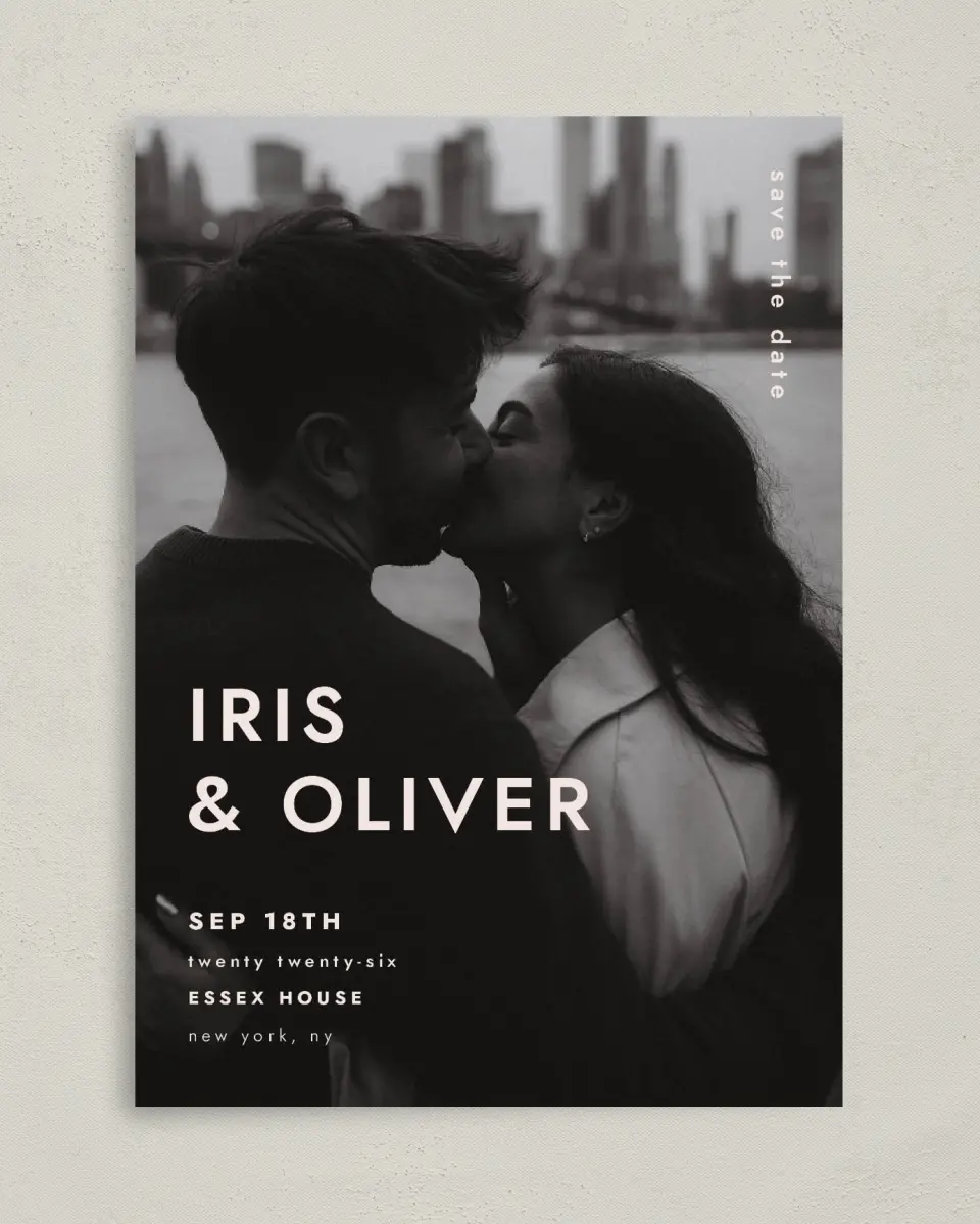This is a 5" x 7" Save the Date Card called Serendipity & Stripes printed in full color on Premium Smooth paper