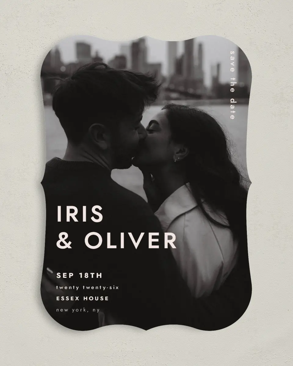 This is a 5" x 7" Save the Date Card called Serendipity & Stripes printed in full color on Premium Smooth paper