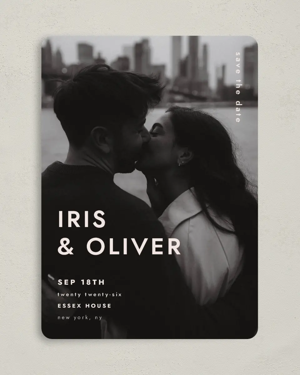This is a 5" x 7" Save the Date Card called Serendipity & Stripes printed in full color on Premium Smooth paper