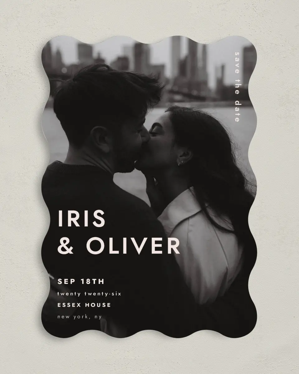 This is a 5" x 7" Save the Date Card called Serendipity & Stripes printed in full color on Premium Smooth paper