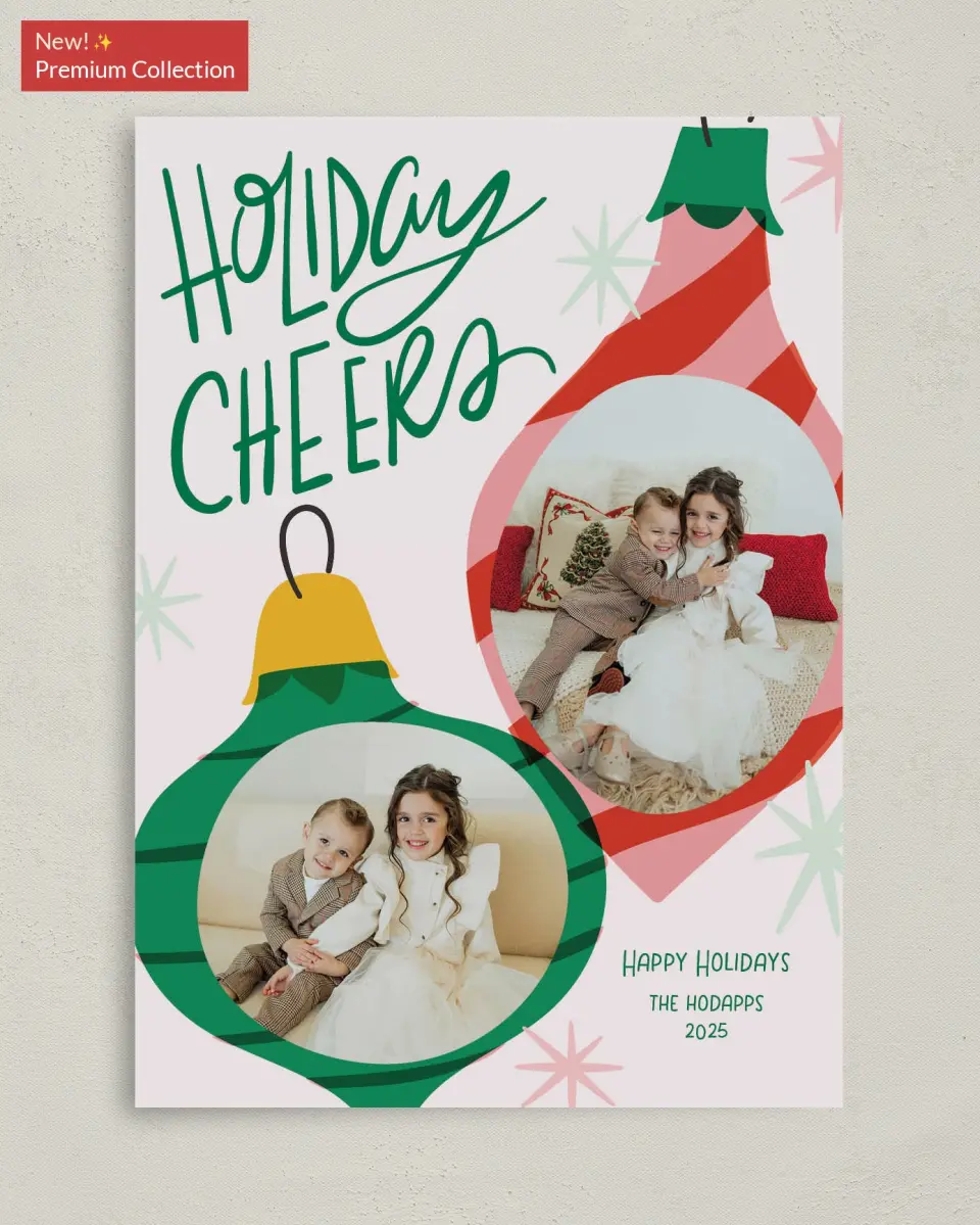 This is a 5" x 7" Christmas Card called Cheerful Ornaments printed in full color with Gold foil on Premium Smooth paper