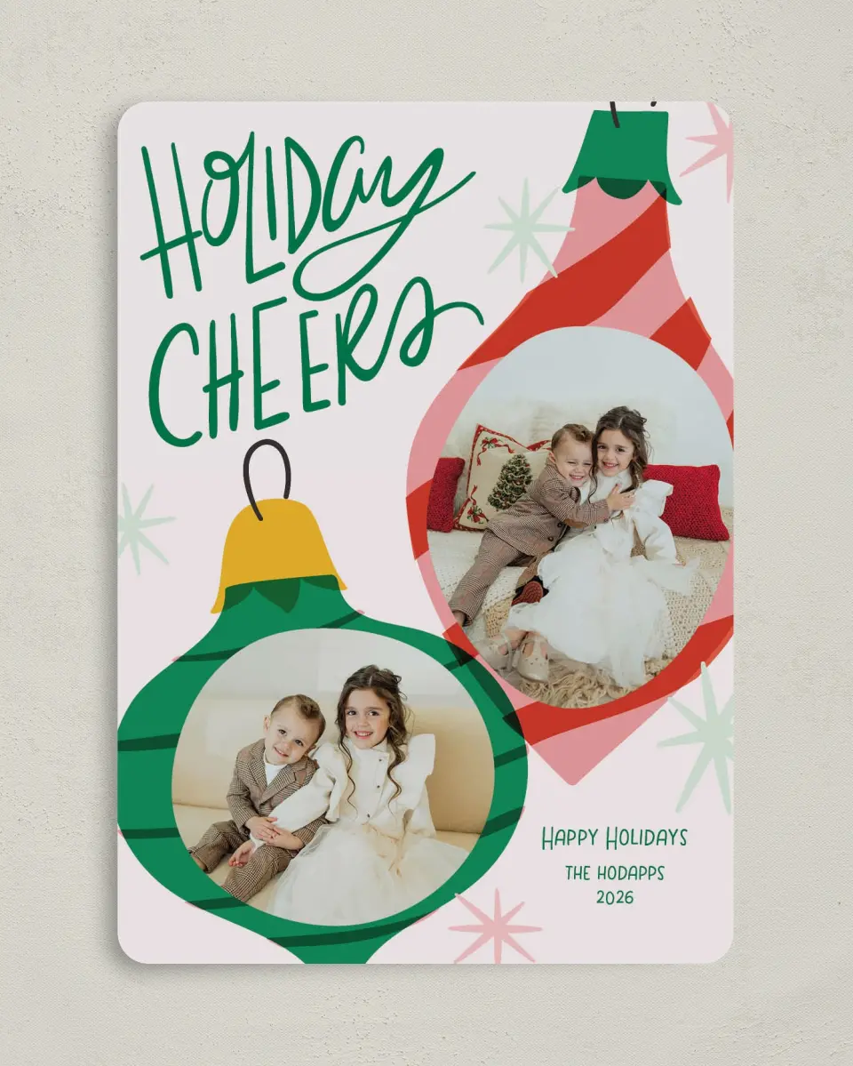 This is a 5" x 7" Christmas Card called Cheerful Ornaments printed in full color with Gold foil on Premium Smooth paper