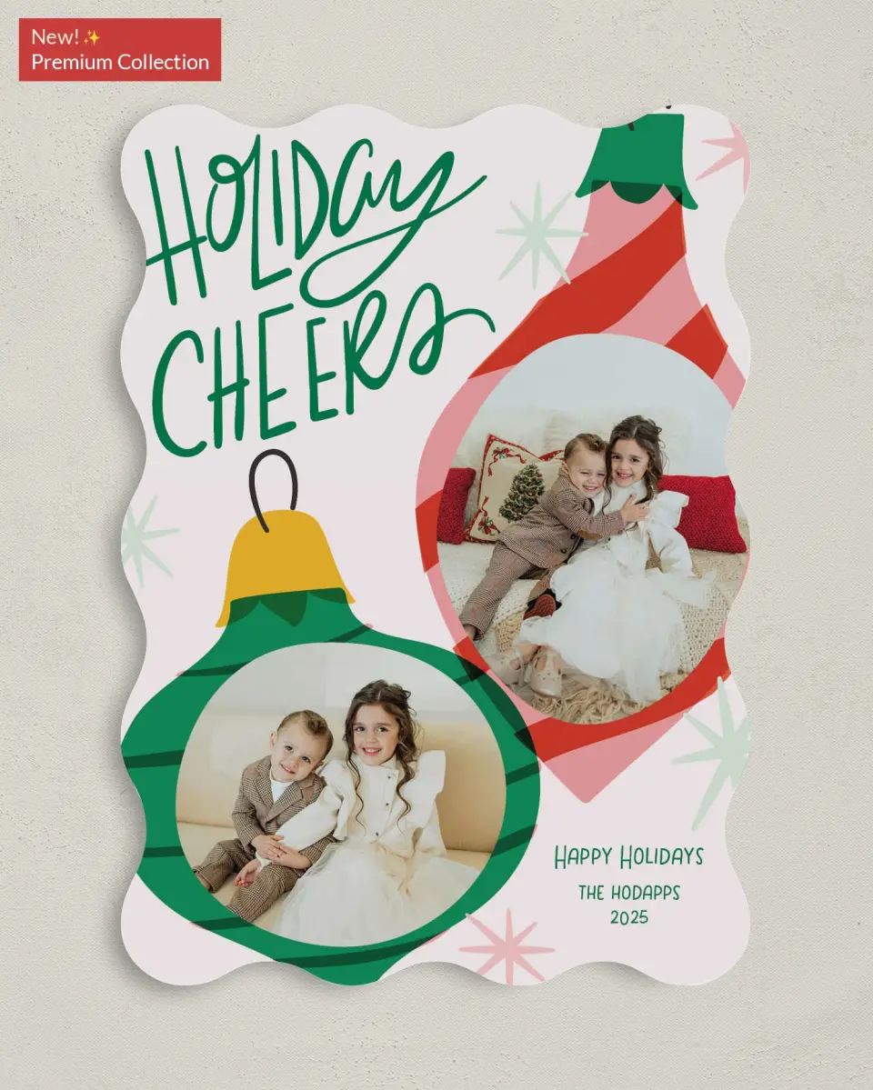 This is a 5" x 7" Christmas Card called Cheerful Ornaments printed in full color with Gold foil on Premium Smooth paper