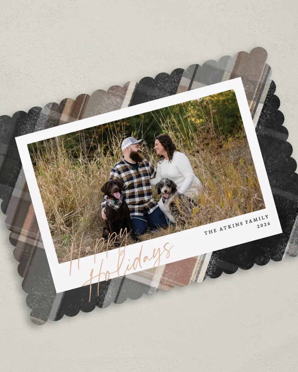 This is a 5" x 7" Christmas Card called Cozy Plaid printed in full color on Premium Smooth paper on Premium Smooth paper on Premium Smooth paper