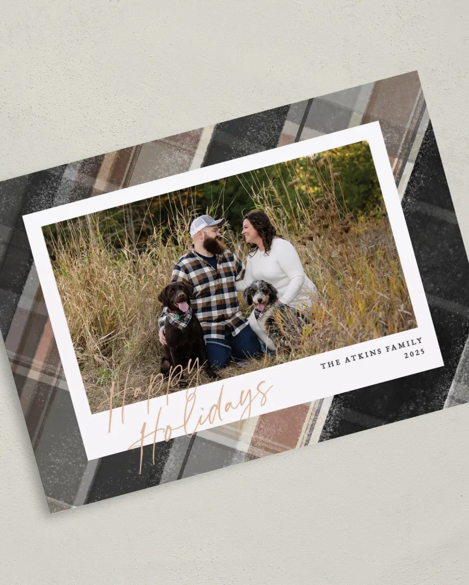 This is a 5" x 7" Christmas Card called Cozy Plaid printed in full color on Premium Smooth paper