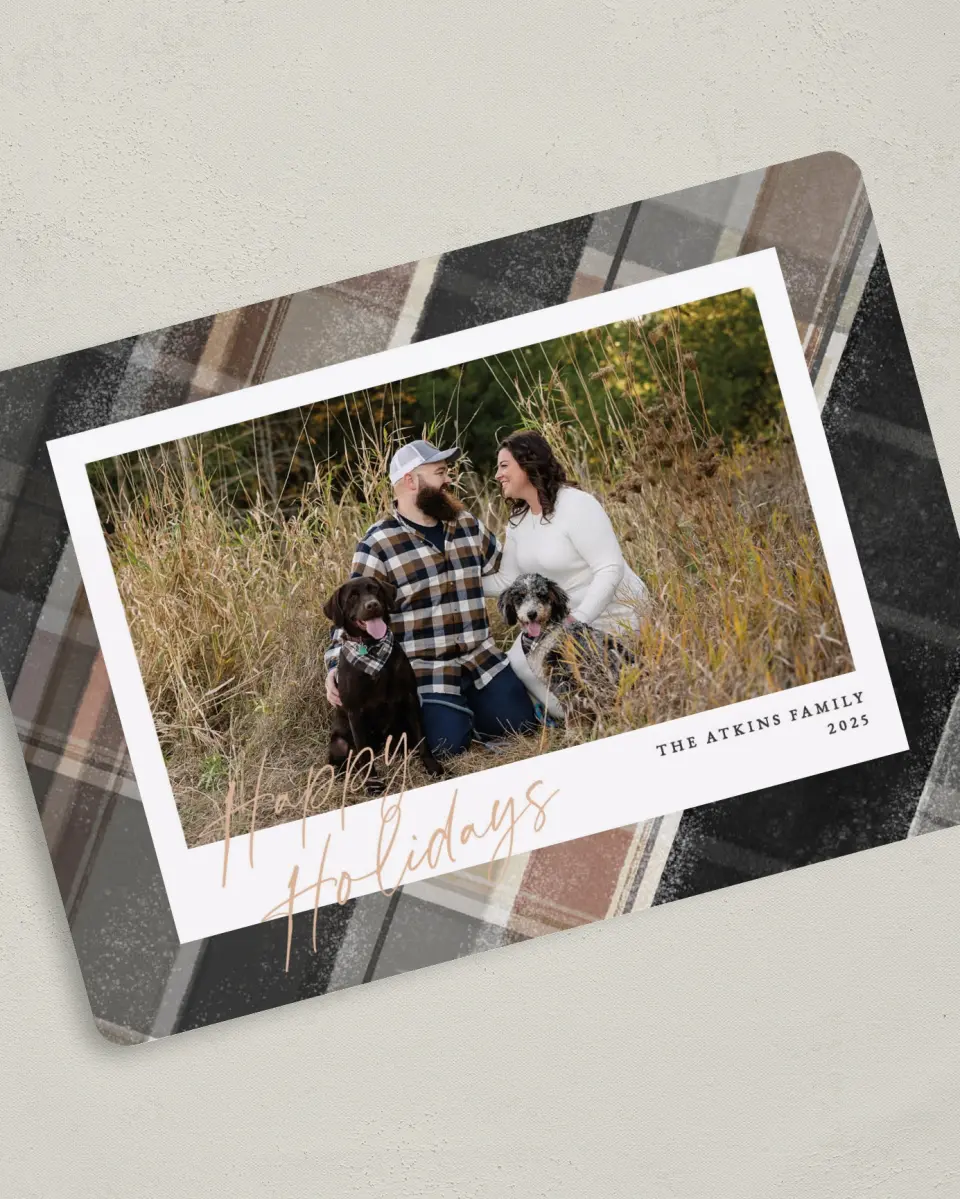 This is a 5" x 7" Christmas Card called Cozy Plaid printed in full color on Premium Smooth paper