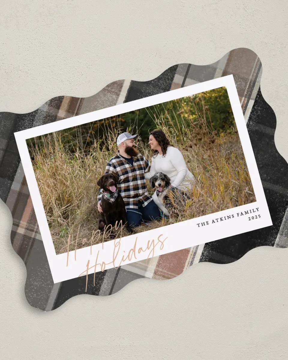 This is a 5" x 7" Christmas Card called Cozy Plaid printed in full color on Premium Smooth paper