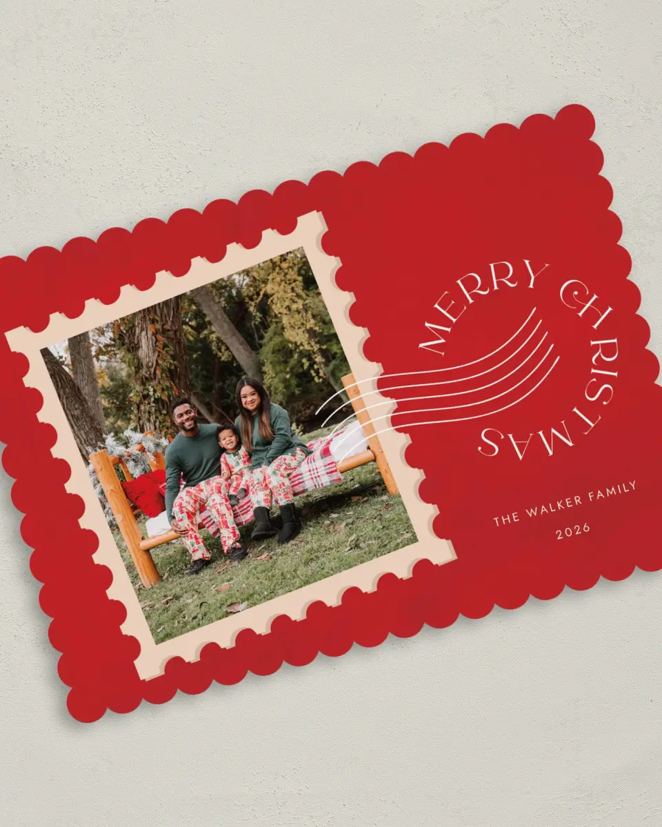 This is a 5" x 7" Christmas Card called Holiday Postage printed in full color on Premium Smooth paper on Premium Smooth paper on Premium Smooth paper
