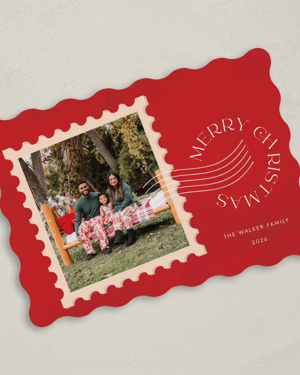 This is a 5" x 7" Christmas Card called Holiday Postage printed in full color on Premium Smooth paper