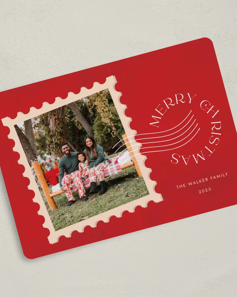 This is a 5" x 7" Christmas Card called Holiday Postage printed in full color on Premium Smooth paper