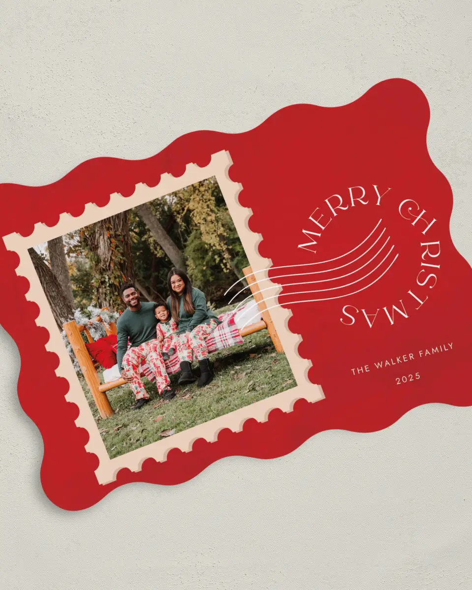 This is a 5" x 7" Christmas Card called Holiday Postage printed in full color on Premium Smooth paper