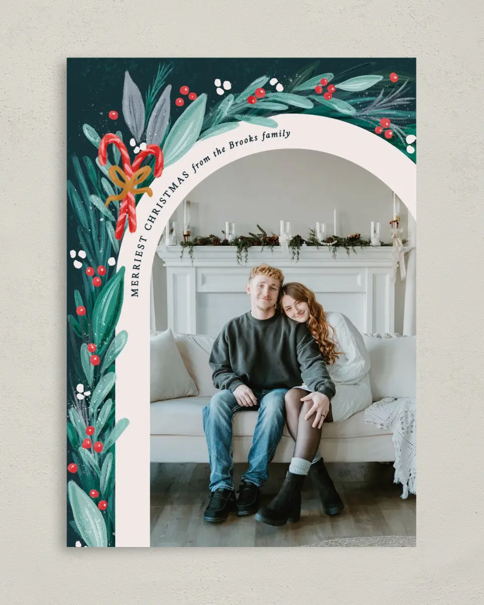 This is a 5" x 7" Christmas Card called Wintergreen Boughs printed in full color with Gold foil on Premium Smooth paper