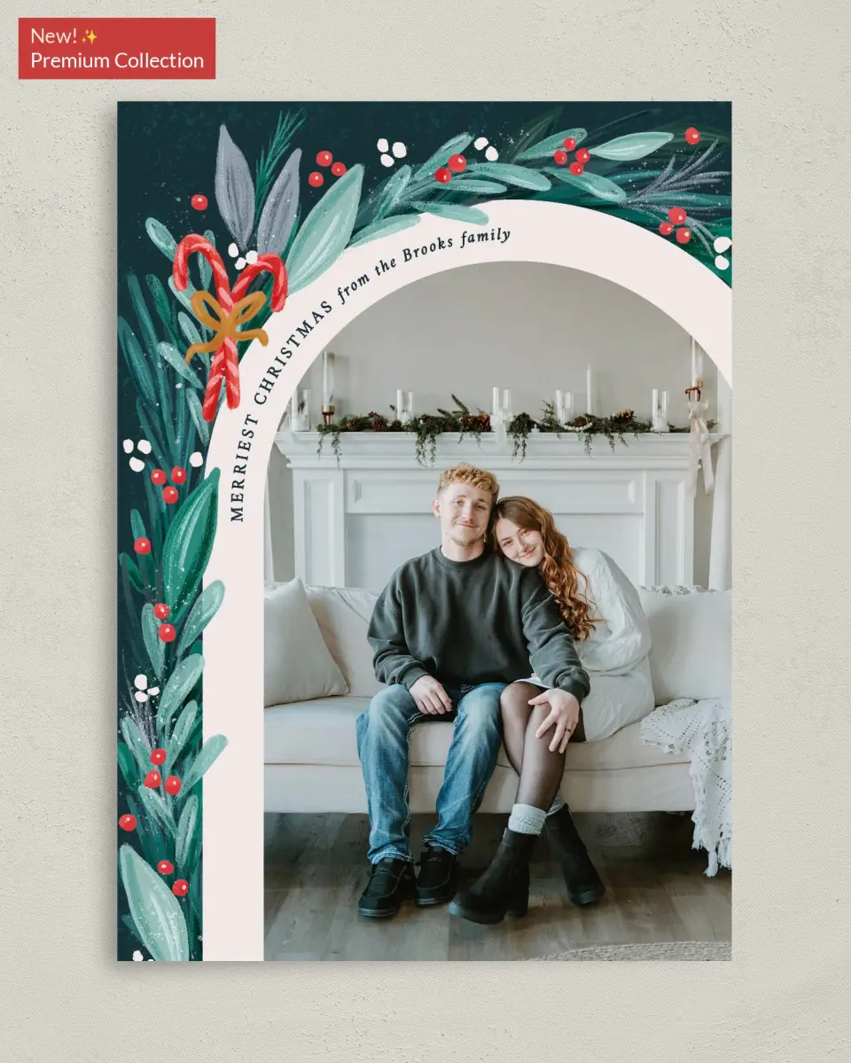 This is a 5" x 7" Christmas Card called Wintergreen Boughs printed in full color with Gold foil on Premium Smooth paper