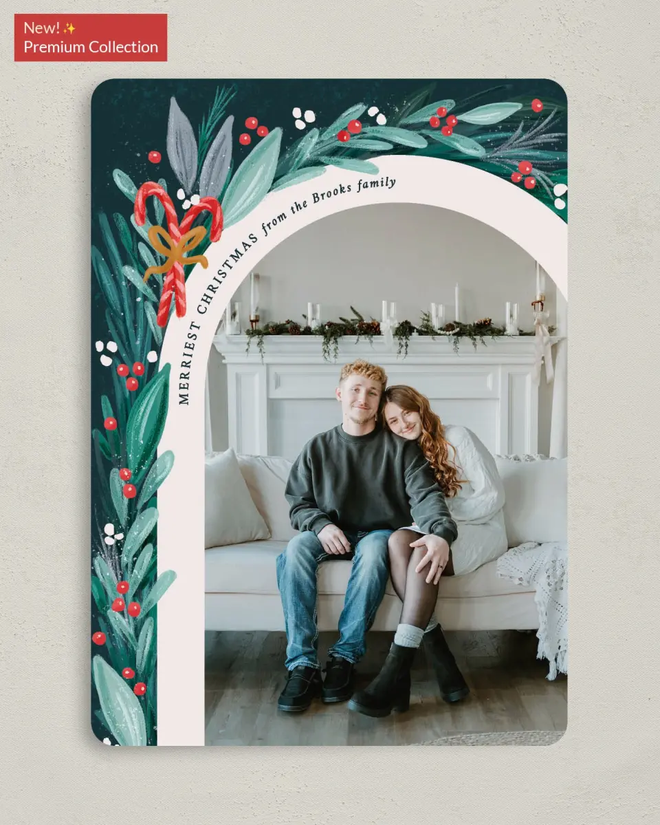 This is a 5" x 7" Christmas Card called Wintergreen Boughs printed in full color with Gold foil on Premium Smooth paper