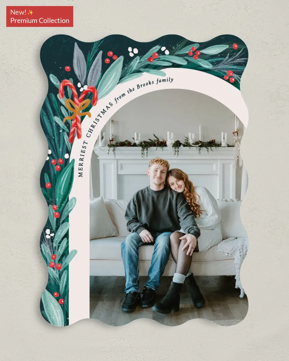 This is a 5" x 7" Christmas Card called Wintergreen Boughs printed in full color with Gold foil on Premium Smooth paper
