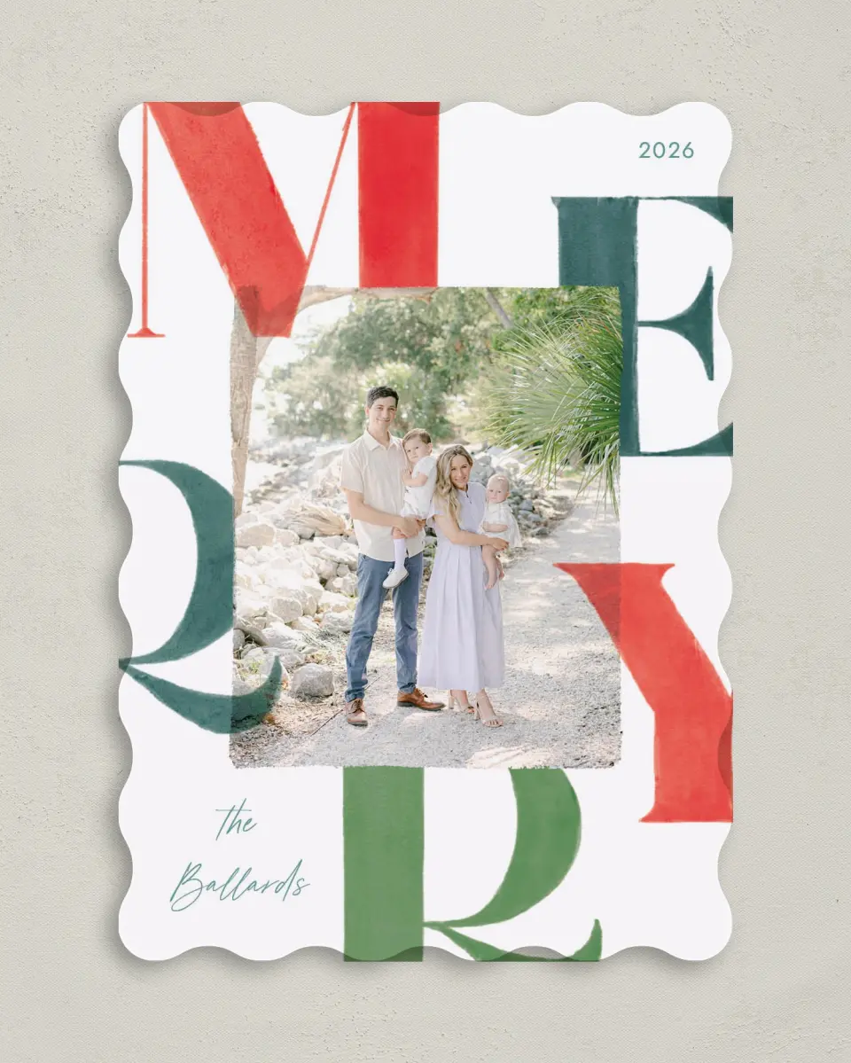 This is a 5" x 7" Christmas Card called Bright Tidings printed in full color with Gold foil on Premium Smooth paper