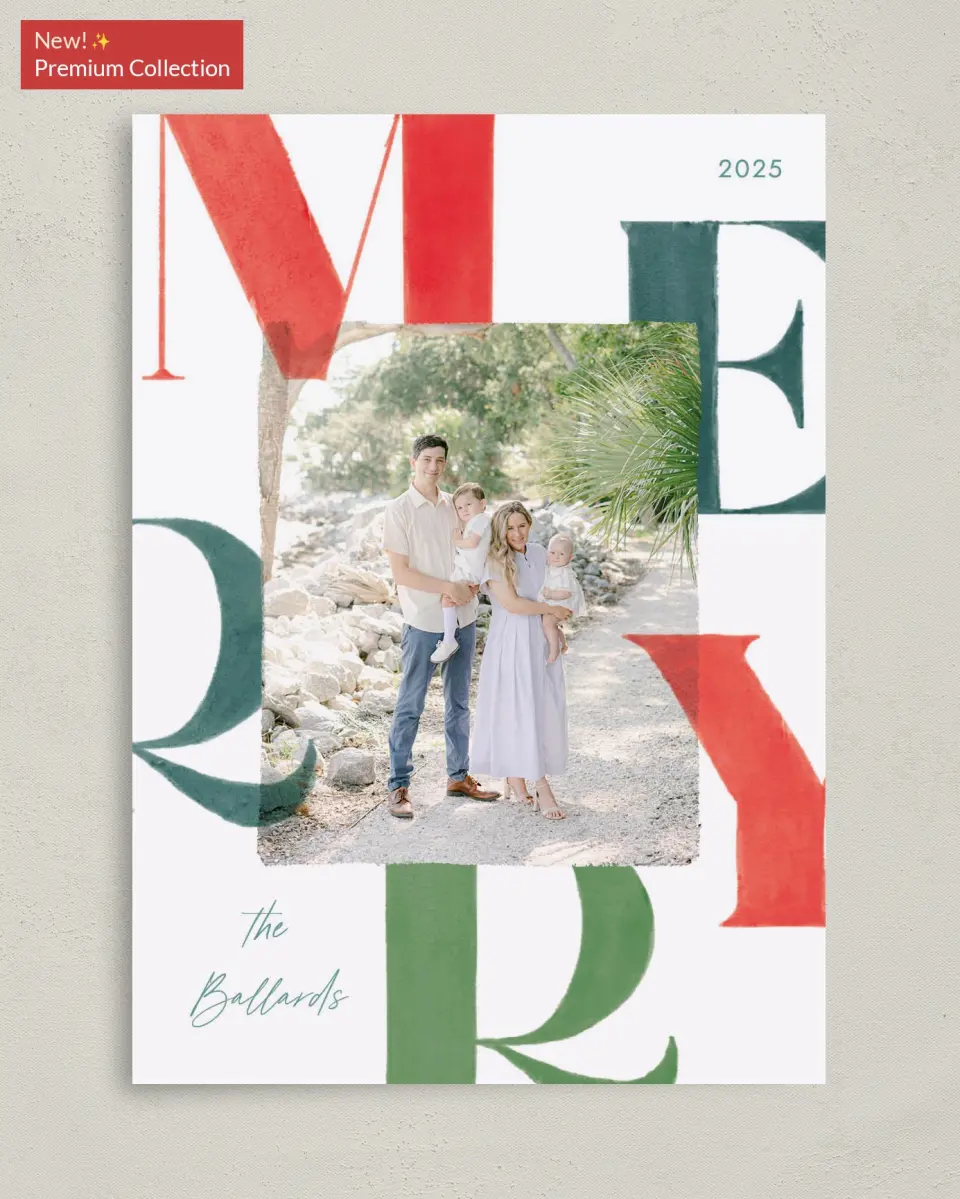 This is a 5" x 7" Christmas Card called Bright Tidings printed in full color with Gold foil on Premium Smooth paper