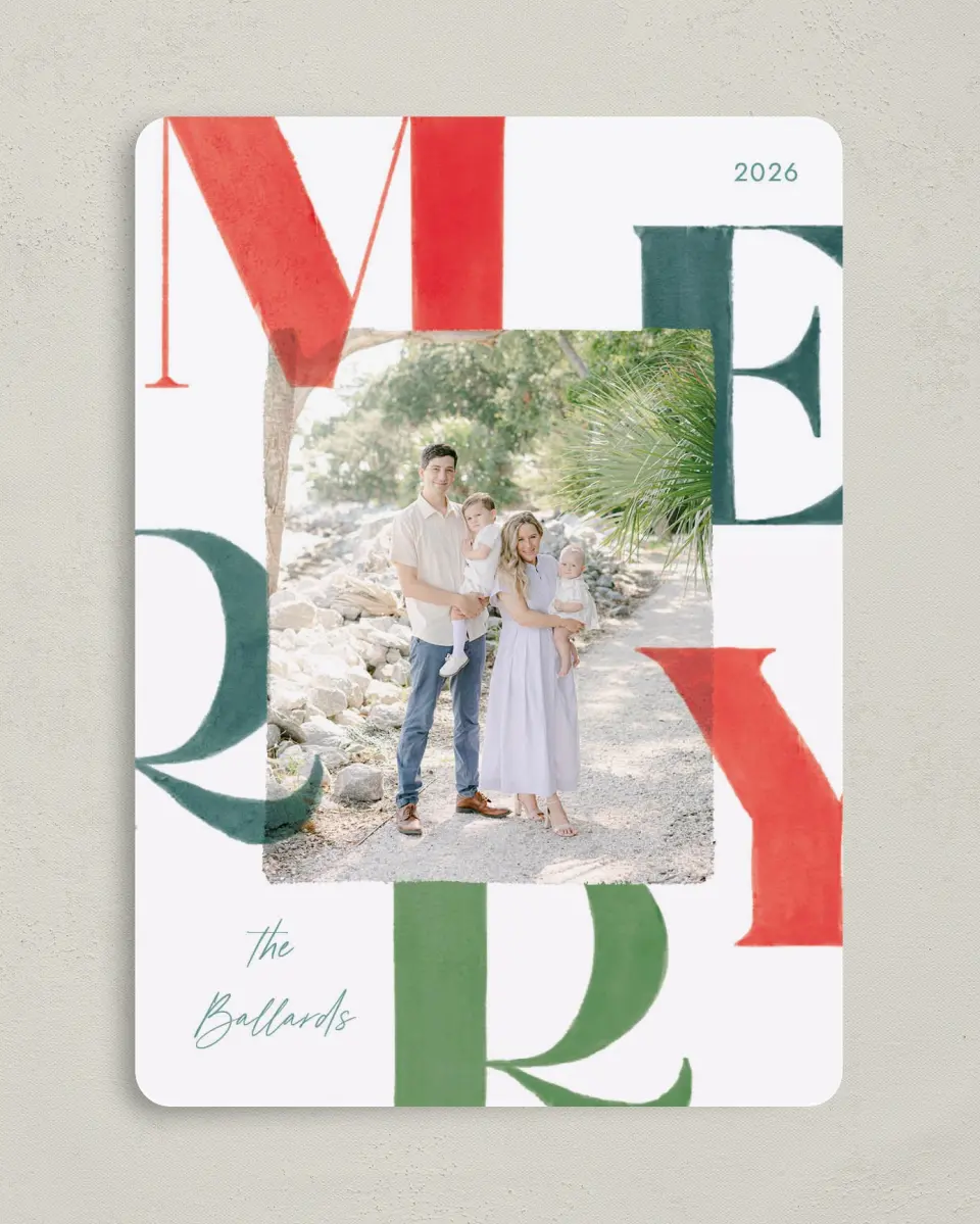 This is a 5" x 7" Christmas Card called Bright Tidings printed in full color with Gold foil on Premium Smooth paper