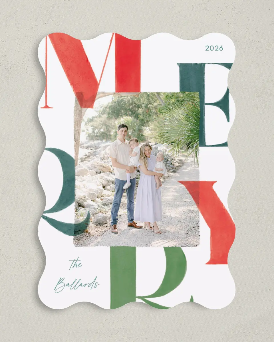 This is a 5" x 7" Christmas Card called Bright Tidings printed in full color with Gold foil on Premium Smooth paper