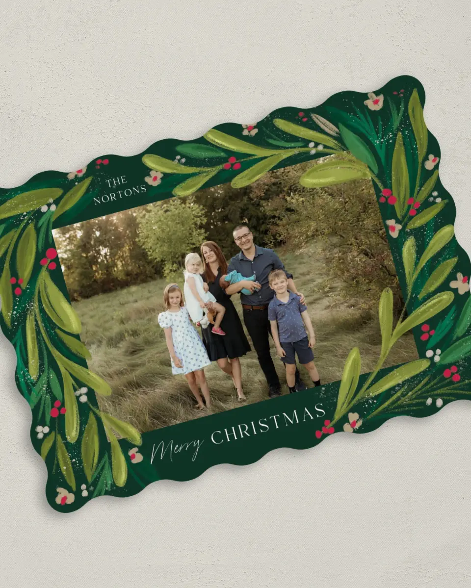 This is a 5" x 7" Christmas Card called Merry Botanicals printed in full color with Gold foil on Premium Smooth paper