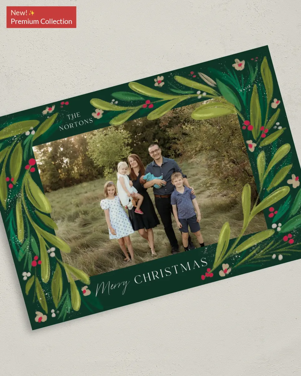 This is a 5" x 7" Christmas Card called Merry Botanicals printed in full color with Gold foil on Soft Suede (coated) paper