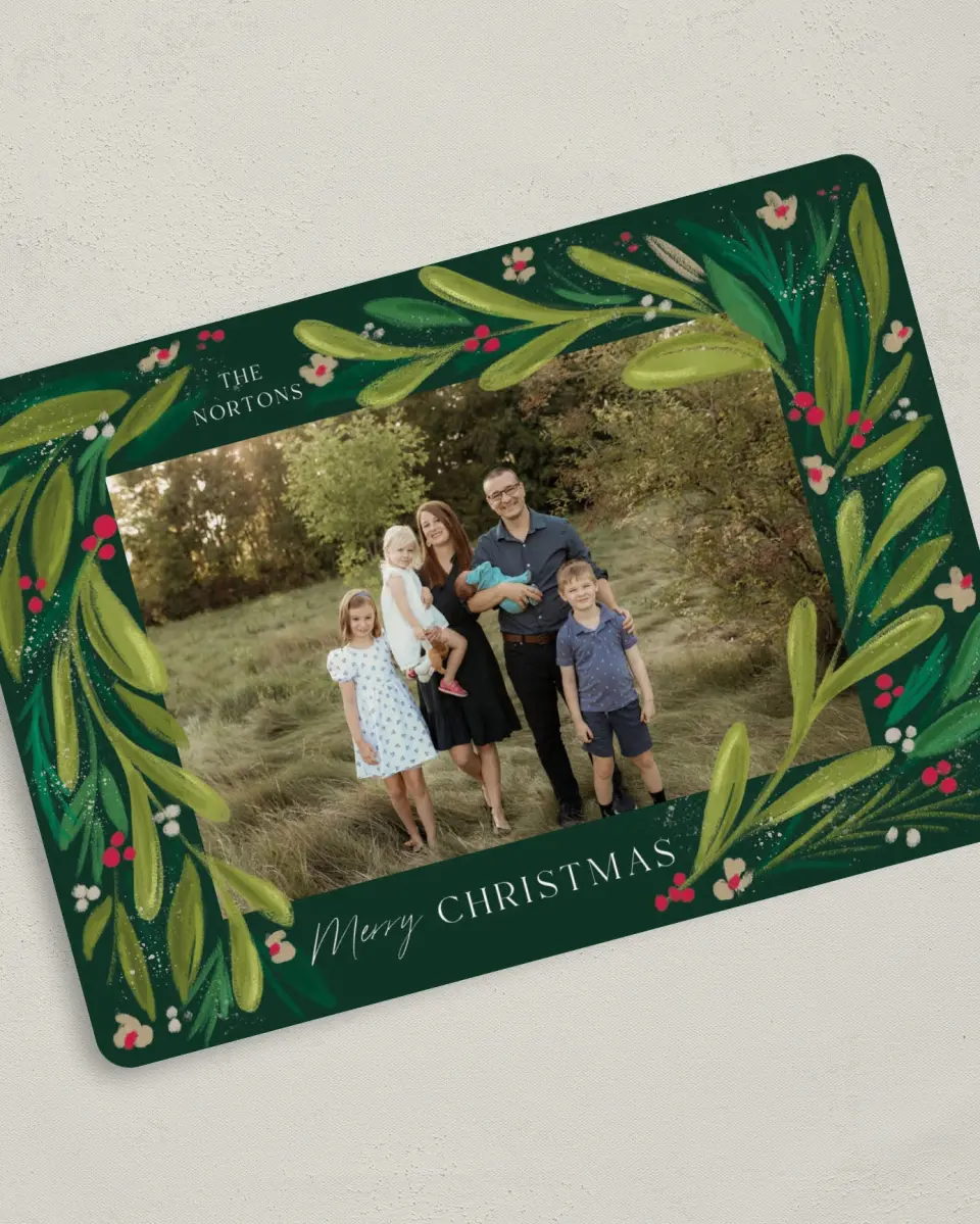 This is a 5" x 7" Christmas Card called Merry Botanicals printed in full color with Gold foil on Premium Smooth paper