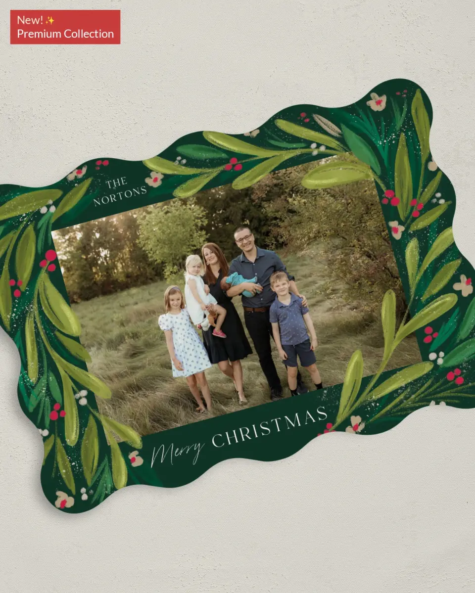 This is a 5" x 7" Christmas Card called Merry Botanicals printed in full color with Gold foil on Premium Smooth paper