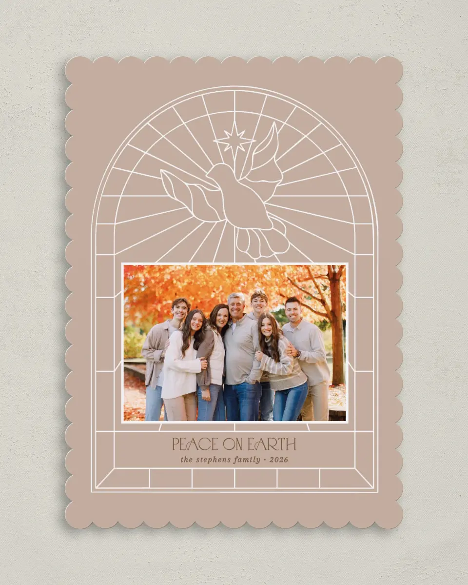 This is a 5" x 7" Christmas Card called Peace on Earth printed in full color with Gold foil on Premium Smooth paper on Premium Smooth paper on Premium Smooth paper