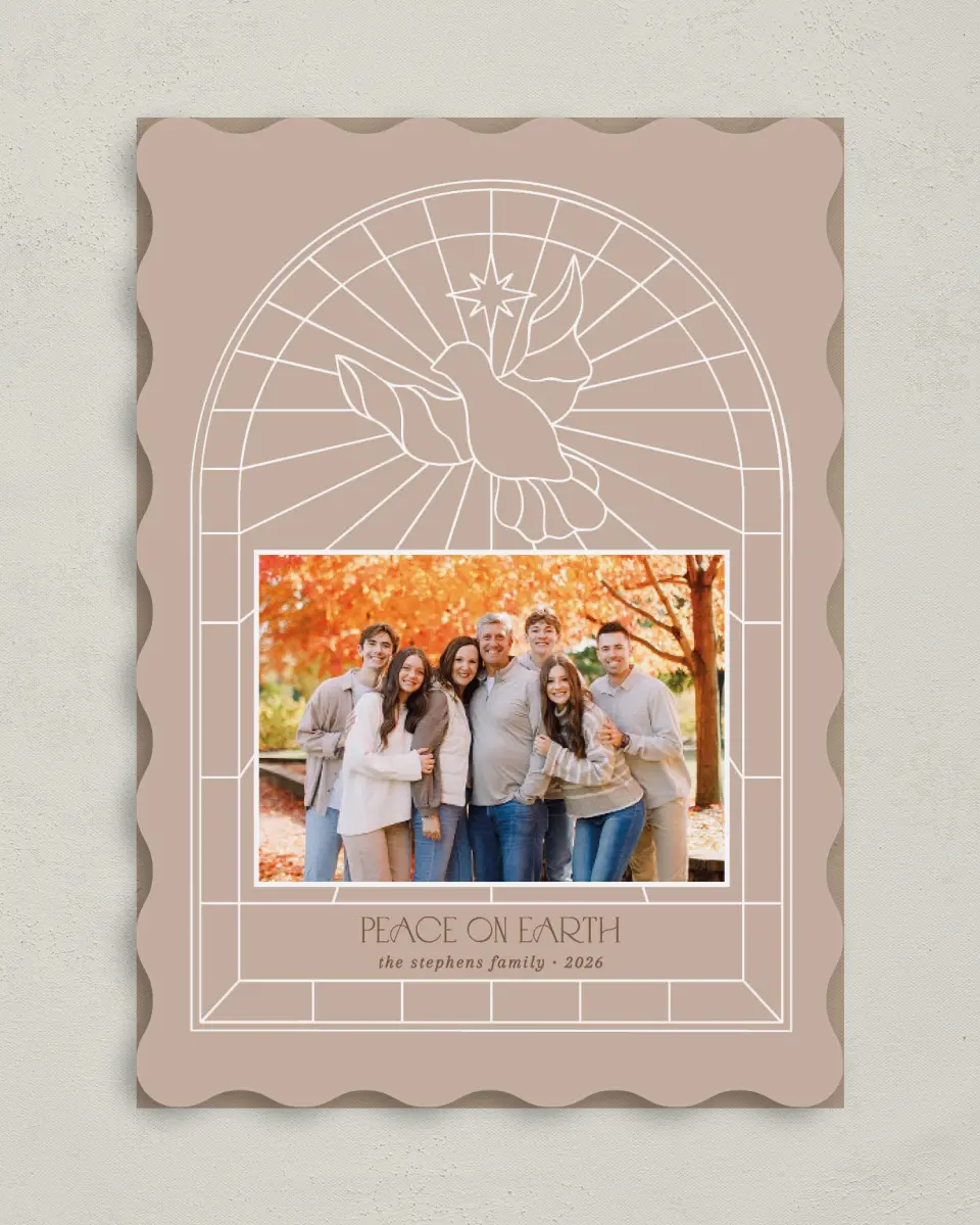 This is a 5" x 7" Christmas Card called Peace on Earth printed in full color with Gold foil on Premium Smooth paper