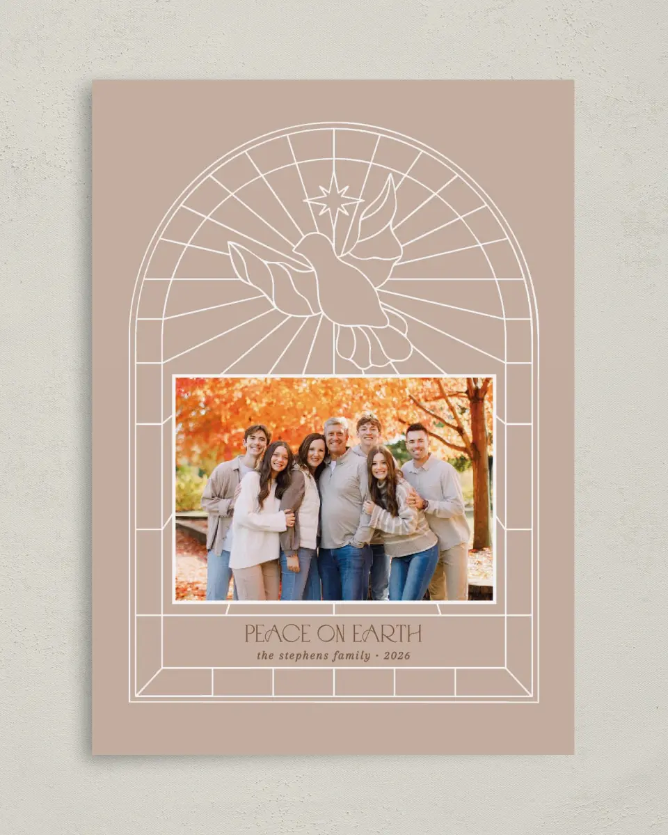 This is a 5" x 7" Christmas Card called Peace on Earth printed in full color with Gold foil on Premium Smooth paper