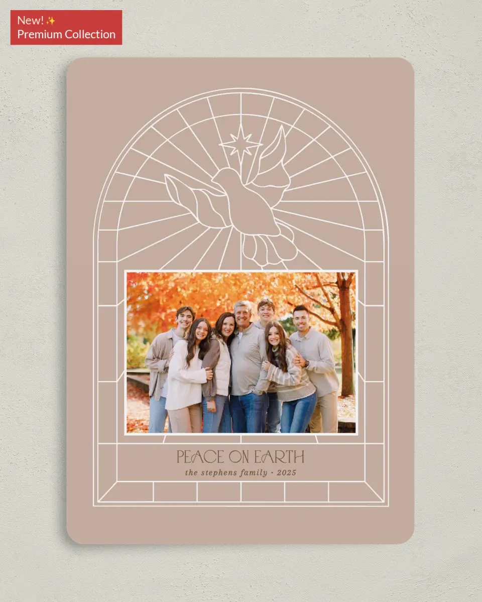 This is a 5" x 7" Christmas Card called Peace on Earth printed in full color with Gold foil on Premium Smooth paper