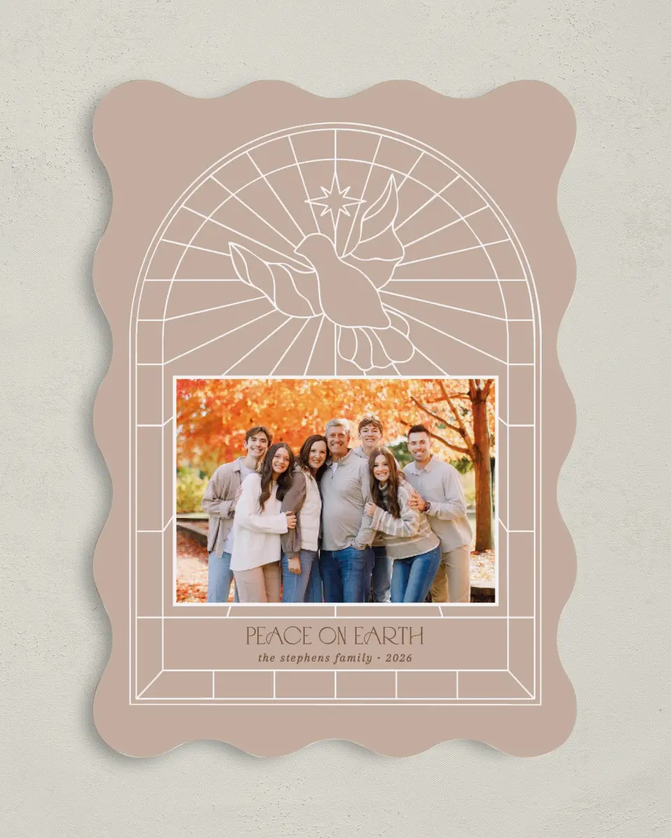 This is a 5" x 7" Christmas Card called Peace on Earth printed in full color with Gold foil on Premium Smooth paper