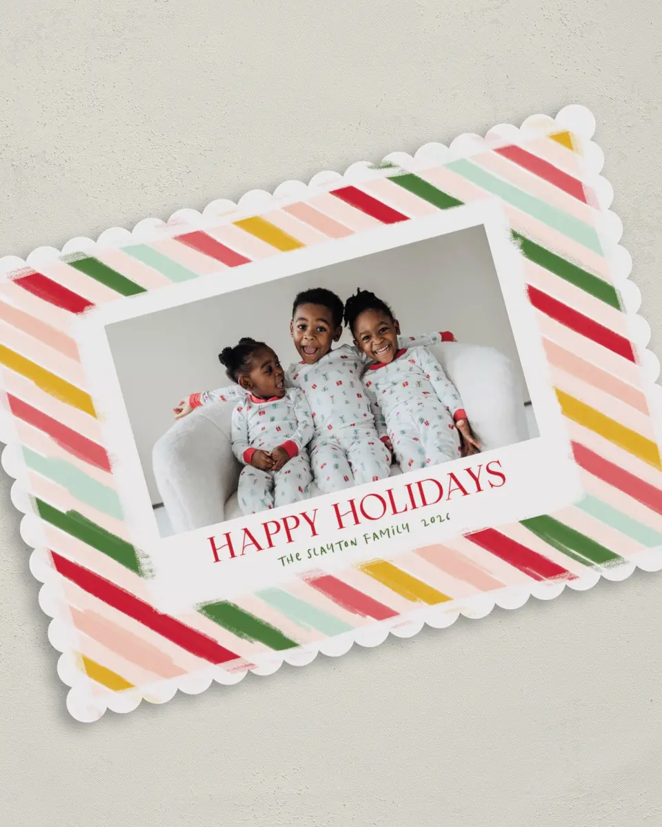 This is a 5" x 7" Christmas Card called Bright Stripes printed in full color with Gold foil on Premium Smooth paper on Premium Smooth paper on Premium Smooth paper
