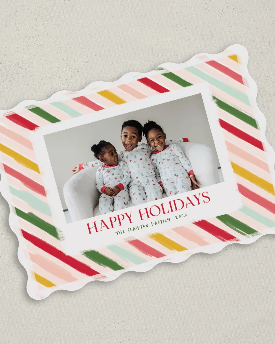 This is a 5" x 7" Christmas Card called Bright Stripes printed in full color with Gold foil on Premium Smooth paper