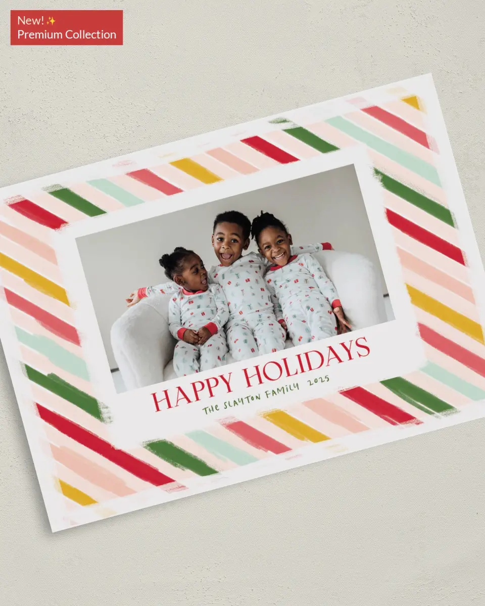 This is a 5" x 7" Christmas Card called Bright Stripes printed in full color with Gold foil on Premium Smooth paper