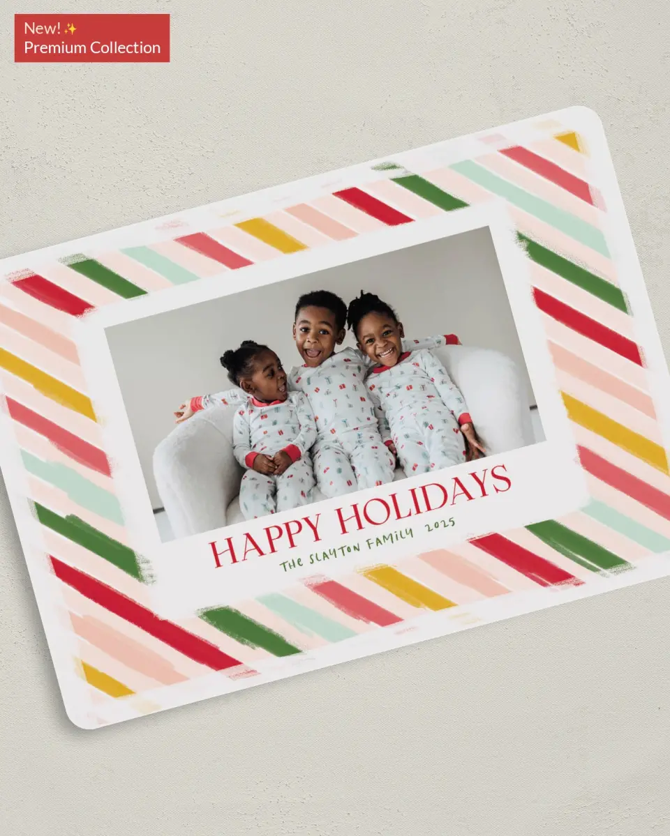 This is a 5" x 7" Christmas Card called Bright Stripes printed in full color with Gold foil on Premium Smooth paper