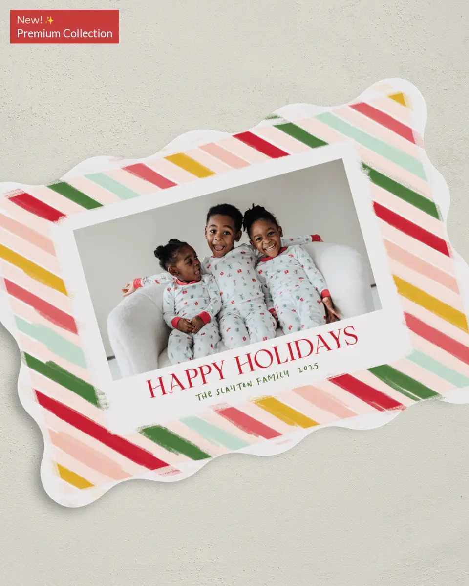 This is a 5" x 7" Christmas Card called Bright Stripes printed in full color with Gold foil on Premium Smooth paper
