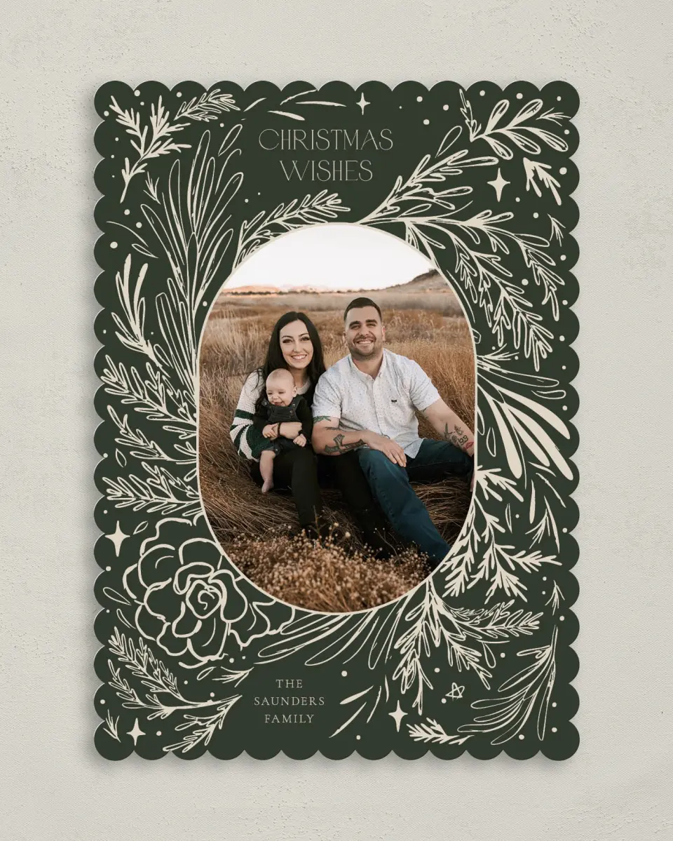 This is a 5" x 7" Christmas Card called Framed Foliage printed in full color with Gold foil on Premium Smooth paper on Premium Smooth paper on Premium Smooth paper