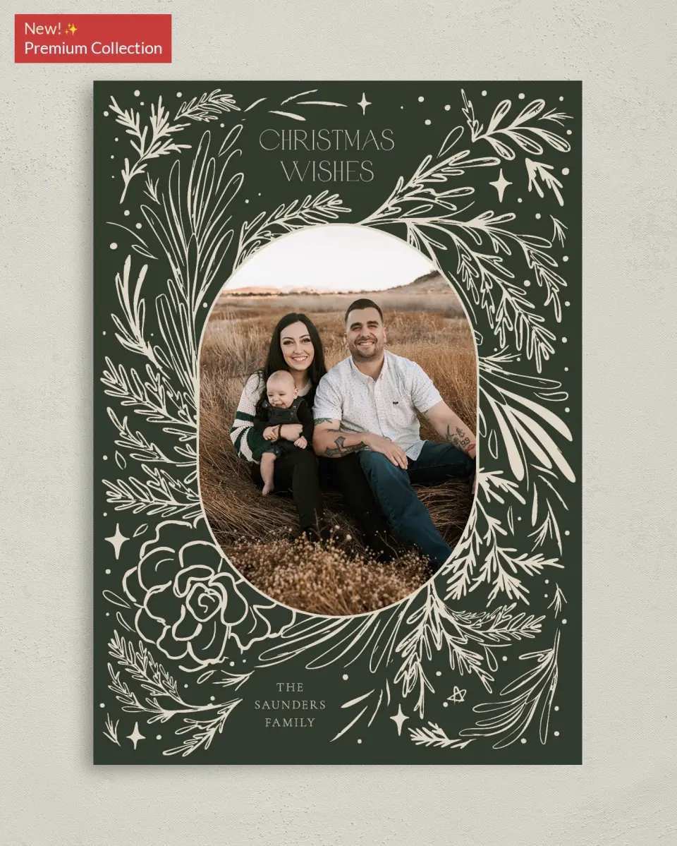 This is a 5" x 7" Christmas Card called Framed Foliage printed in full color with Gold foil on Premium Smooth paper