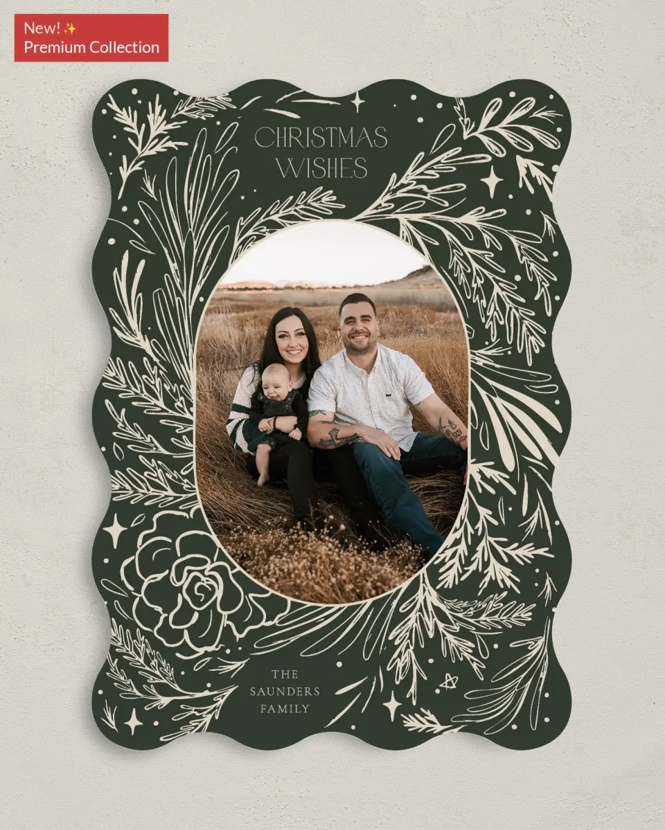 This is a 5" x 7" Christmas Card called Framed Foliage printed in full color with Gold foil on Premium Smooth paper