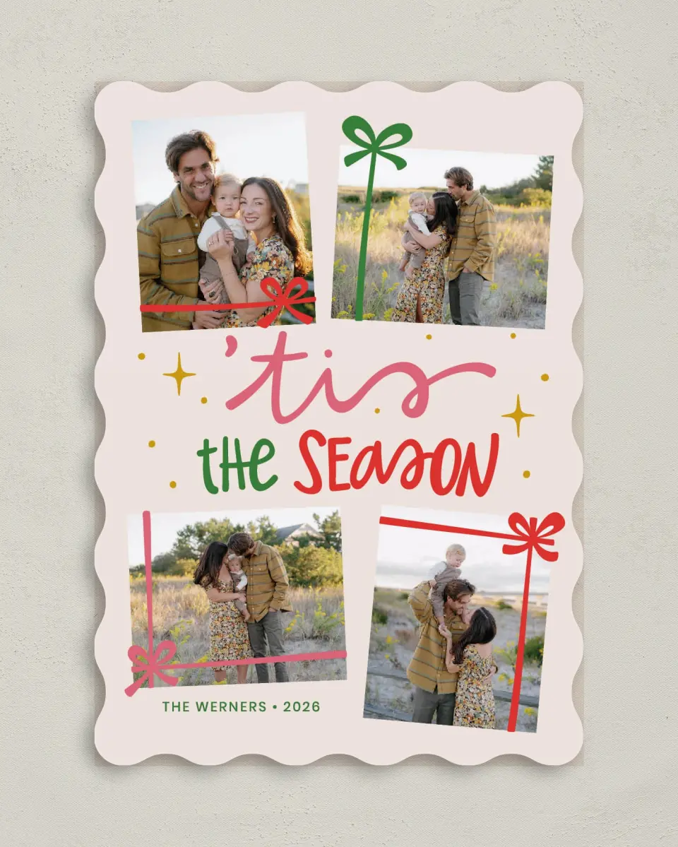 This is a 5" x 7" Christmas Card called Gifting Season printed in full color with Gold foil on Premium Smooth paper