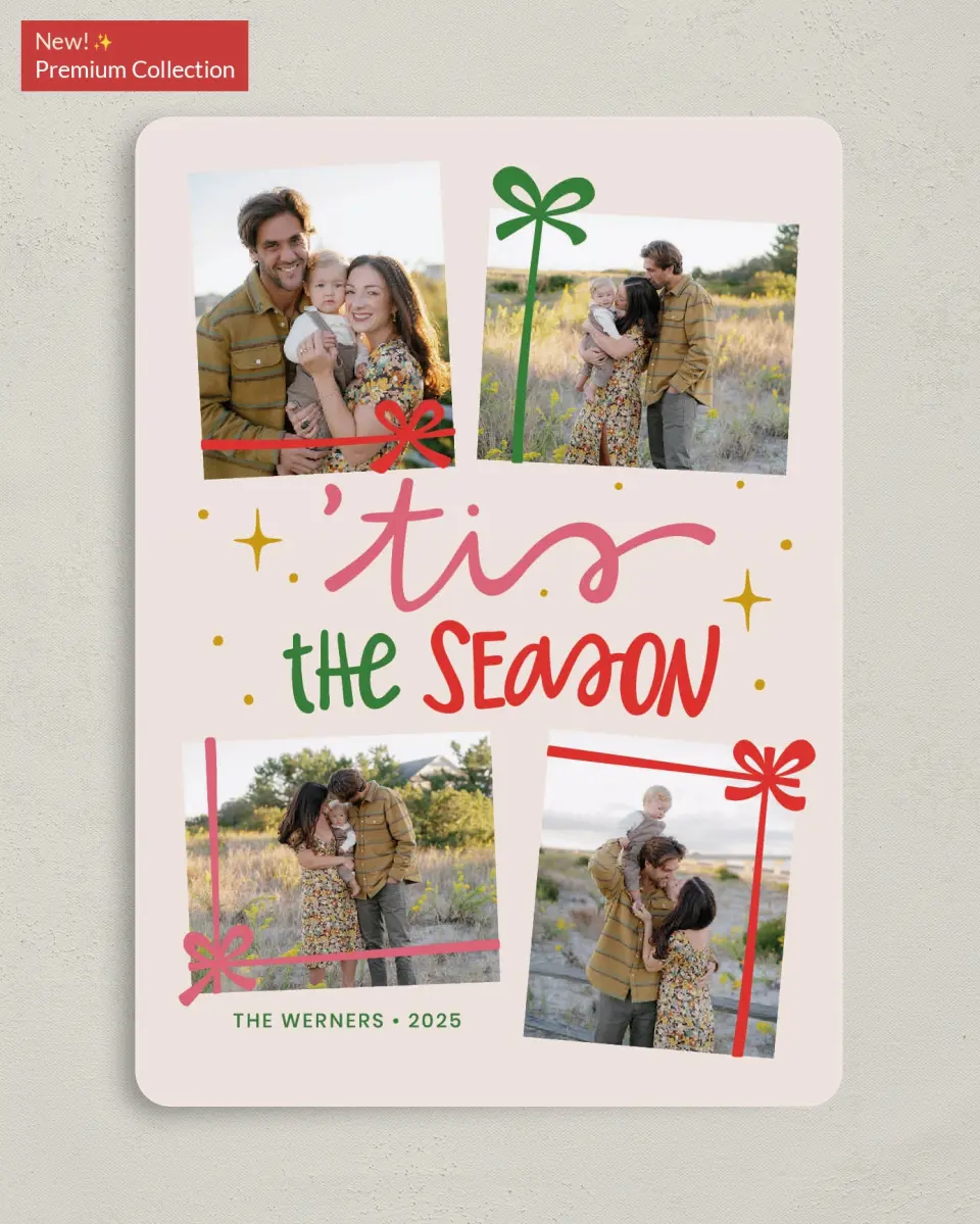 This is a 5" x 7" Christmas Card called Gifting Season printed in full color with Gold foil on Premium Smooth paper