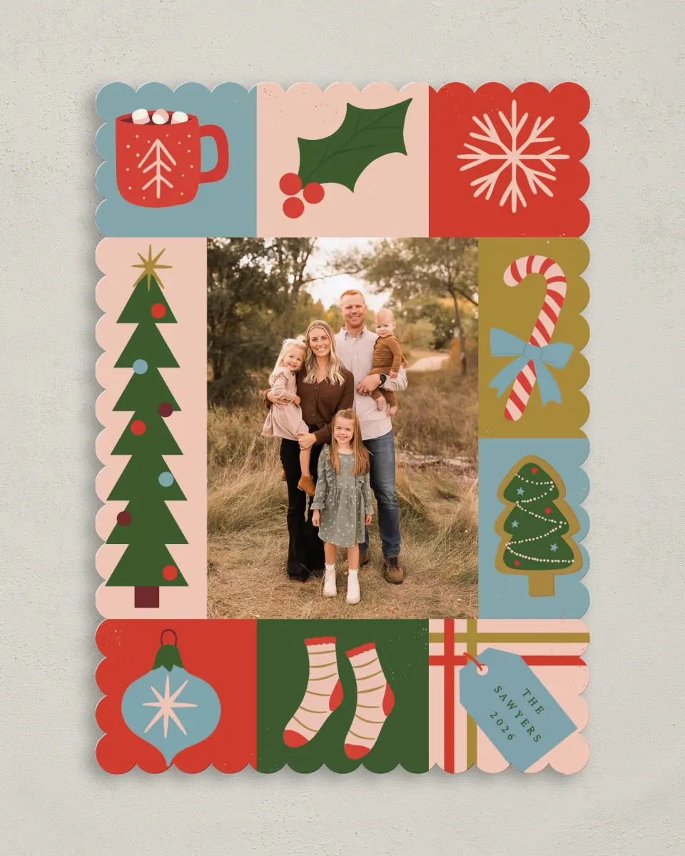 This is a 5" x 7" Christmas Card called Patchwork Holiday printed in full color with Gold foil on Premium Smooth paper on Premium Smooth paper on Premium Smooth paper