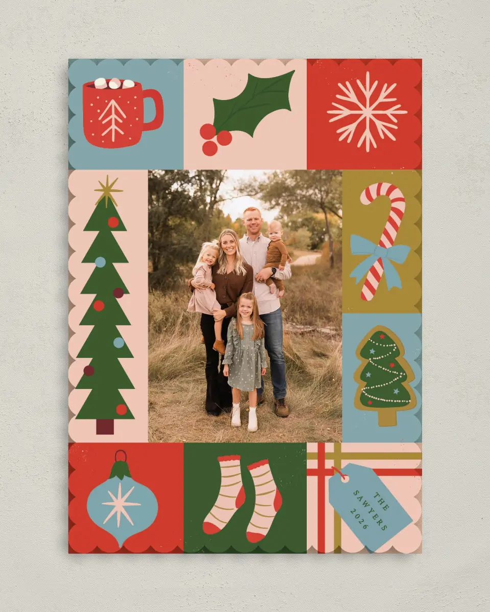 This is a 5" x 7" Christmas Card called Patchwork Holiday printed in full color with Gold foil on Premium Smooth paper on Premium Smooth paper on Premium Smooth paper