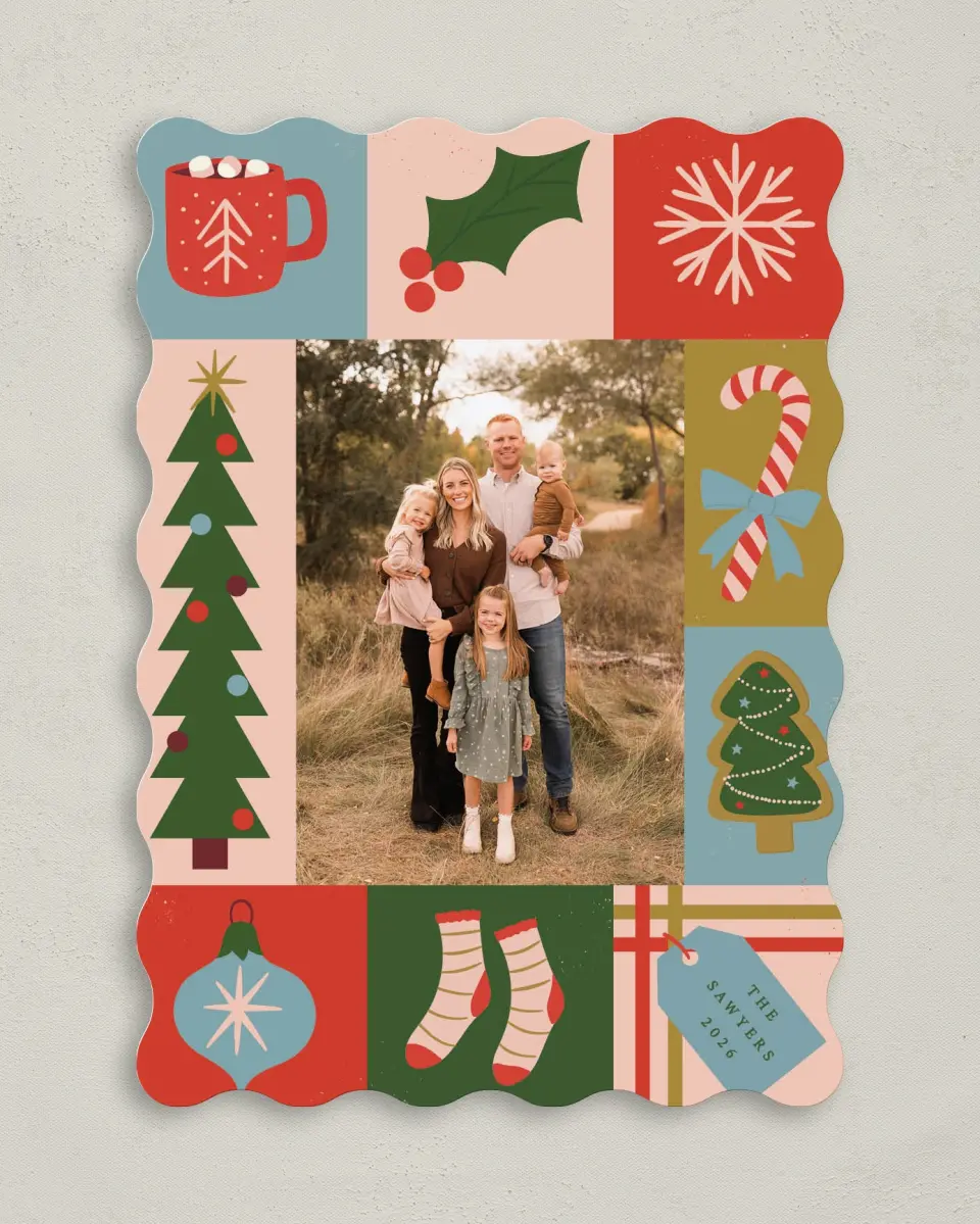 This is a 5" x 7" Christmas Card called Patchwork Holiday printed in full color with Gold foil on Premium Smooth paper
